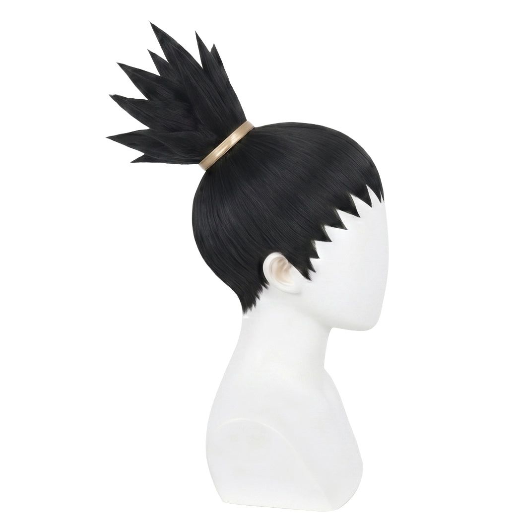 Side view of shoulder-length black Shikamaru wig