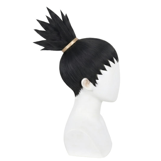 Side view of shoulder-length black Shikamaru wig