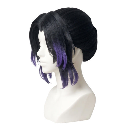 Left side view of Kimetsu no Yaiba Shinobu Kocho black purple cosplay wig