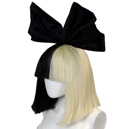 Sia Costume Cosplay Wig Half Blonde Black 2 Tone Color Short Straight Bob Wig with Big Bow