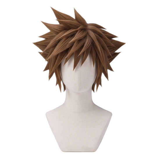 Front view of Sora Kingdom Hearts cosplay wig with brown spiky hair