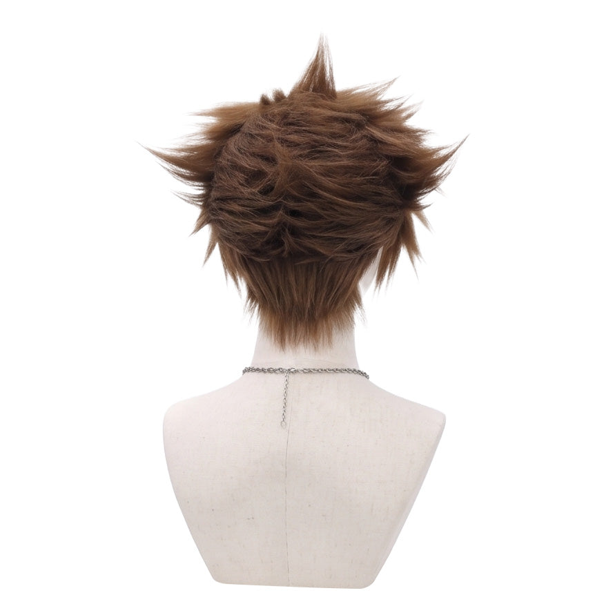 Back view of Sora cosplay wig with unstyled brown fibers