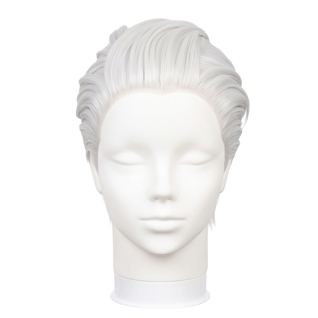 Tengen Uzui cosplay wig from Demon Slayer featuring silver-white swept-back hair, voluminous layered styling, short pointed side strands, and a long ponytail