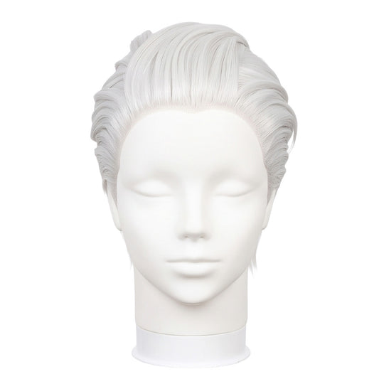 Tengen Uzui cosplay wig from Demon Slayer featuring silver-white swept-back hair, voluminous layered styling, short pointed side strands, and a long ponytail