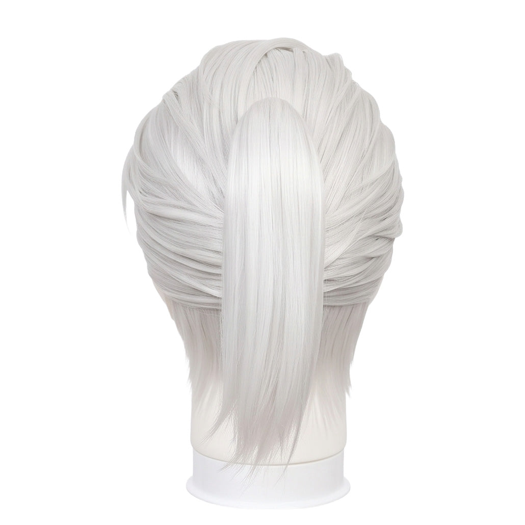Back view of Tengen Uzui cosplay wig showing the full silver-white swept-back hairstyle, layered crown, and long tapered ponytail for Sound Hashira cosplay