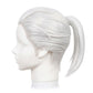 Left side view of Tengen Uzui wig showing silver-white swept-back layers, tapered strands around the ear, and the long ponytail of the Sound Hashira hairstyle