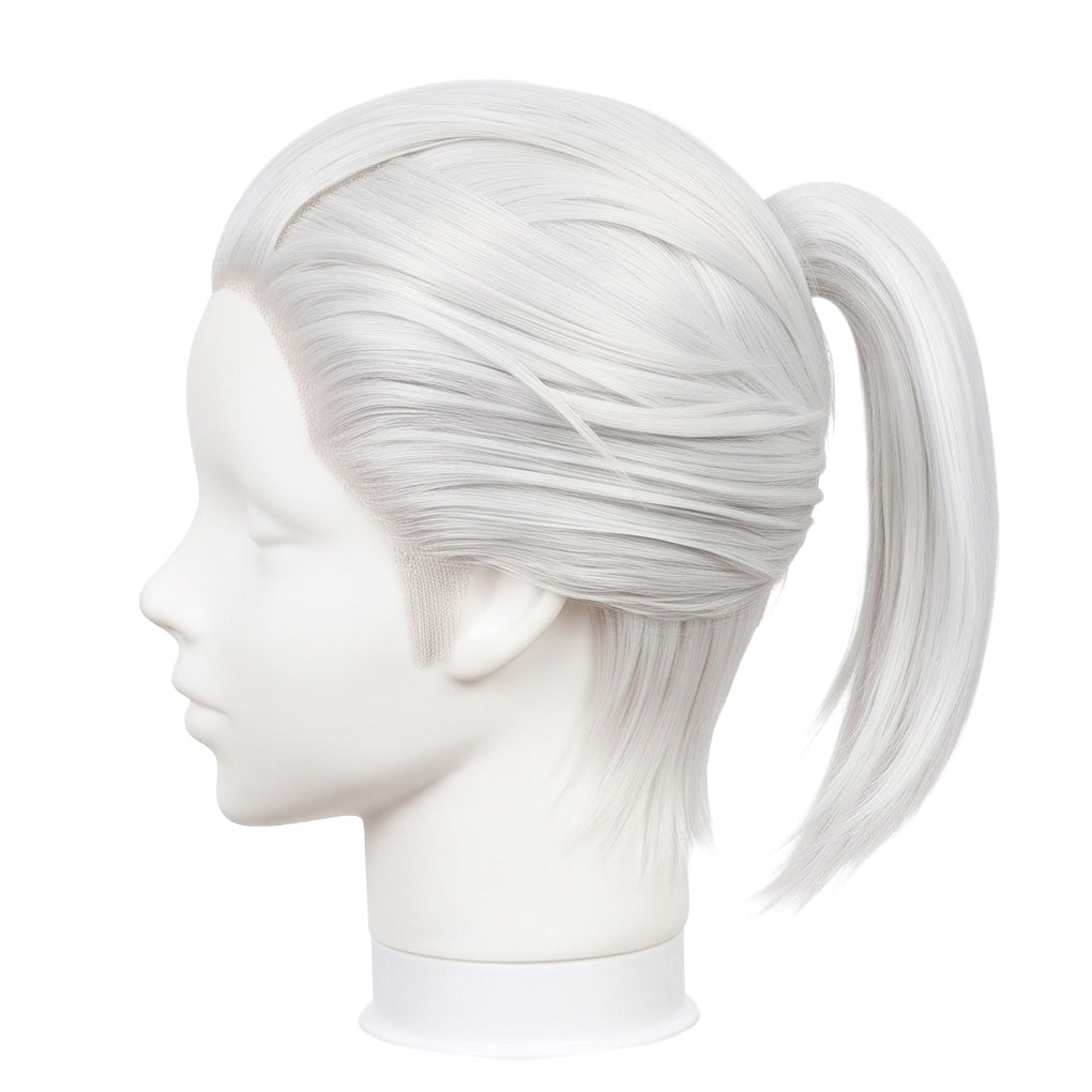 Left side view of Tengen Uzui wig showing silver-white swept-back layers, tapered strands around the ear, and the long ponytail of the Sound Hashira hairstyle