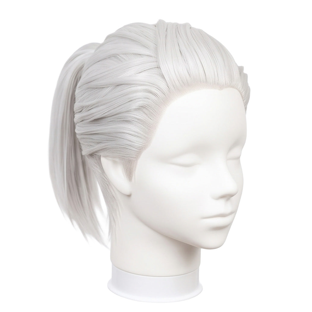 3/4 view of Tengen Uzui cosplay wig displaying voluminous silver-white hair swept away from the face, layered sides, and a long tapered ponytail
