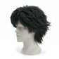 Black wig on a mannequin head against a white background