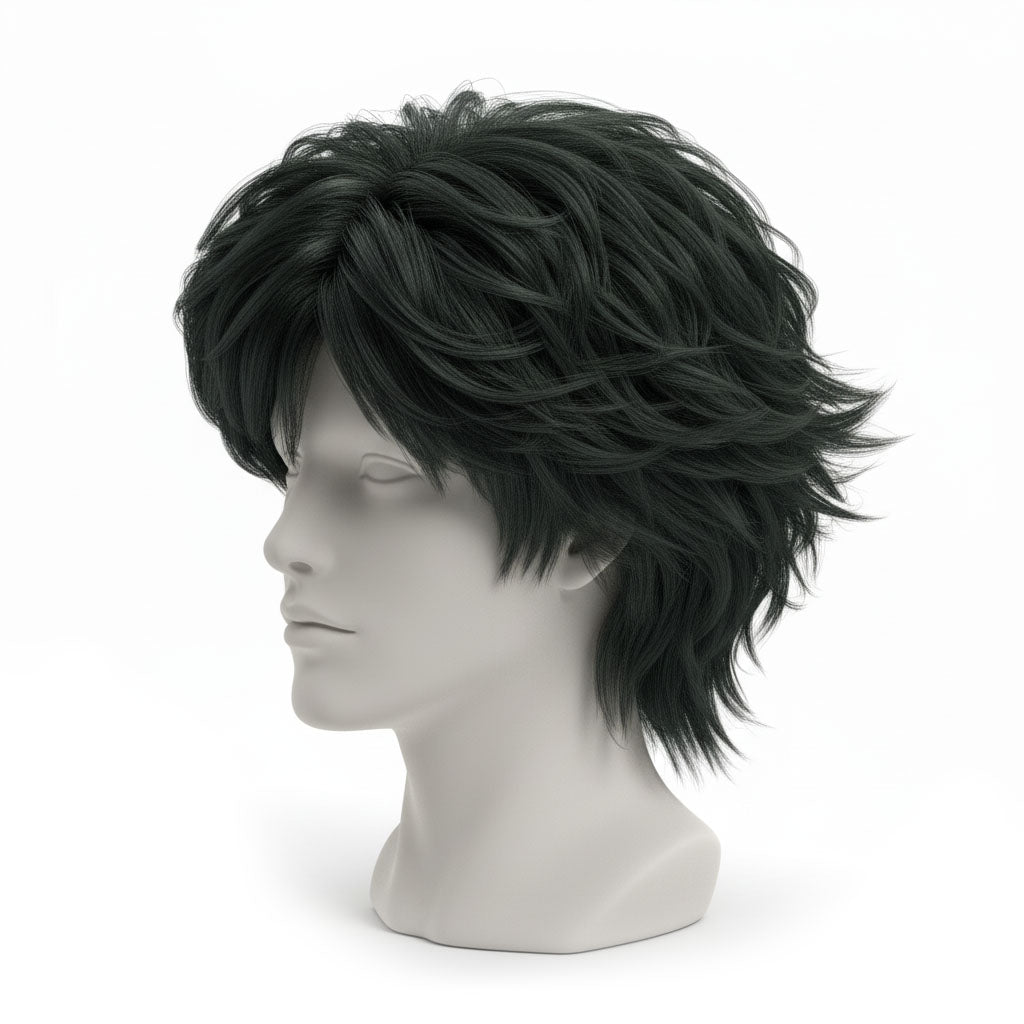 Black wig on a mannequin head against a white background