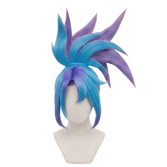 Star Guardian Akali cosplay wig from League of Legends featuring turquoise and lavender hair, dramatic spiky high ponytail, pink accents, and long face-framing bangs