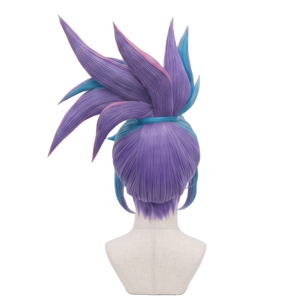 Back view of Star Guardian Akali cosplay wig showing the structured turquoise and lavender high ponytail, multiple sculpted spikes, rounded lower section, and layered hair