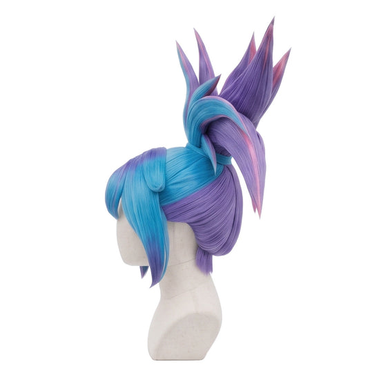 Left side view of Star Guardian Akali wig showing turquoise and purple layered hair, sculpted high ponytail spikes, face-framing strands, and detailed League of Legends cosplay styling