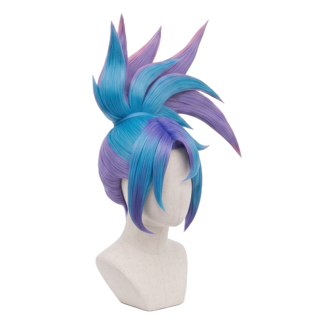 3/4 view of Star Guardian Akali cosplay wig displaying vibrant turquoise and lavender hair, upward-pointing spikes, high ponytail, layered bangs, and pink accents