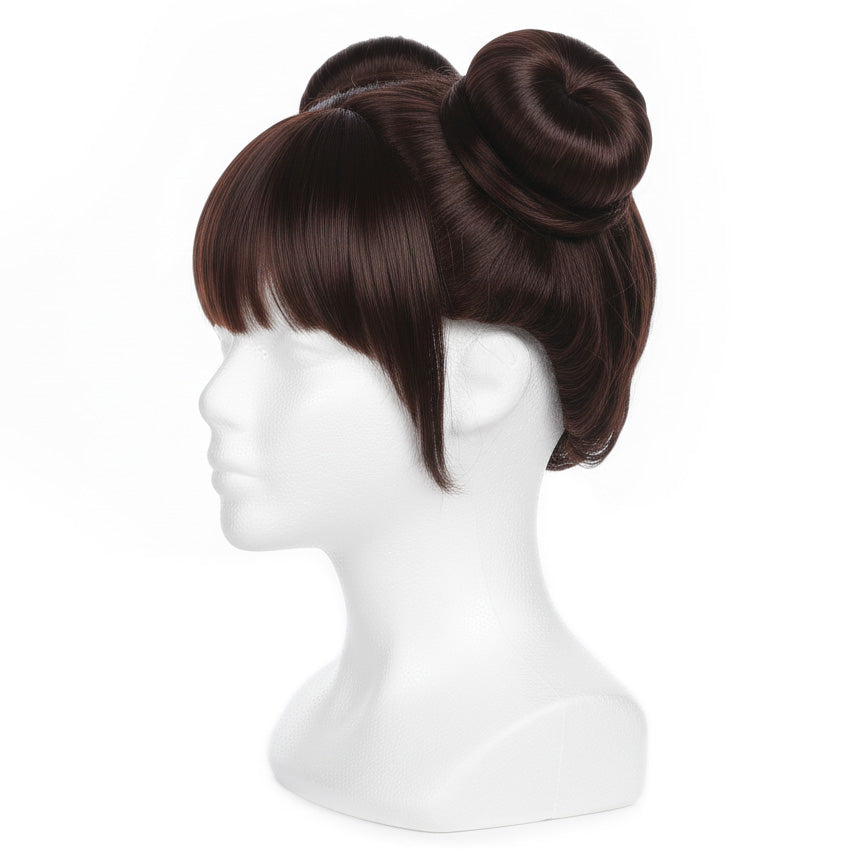 Unstyled Chun-Li wig as base for ox-horn bun hairstyle