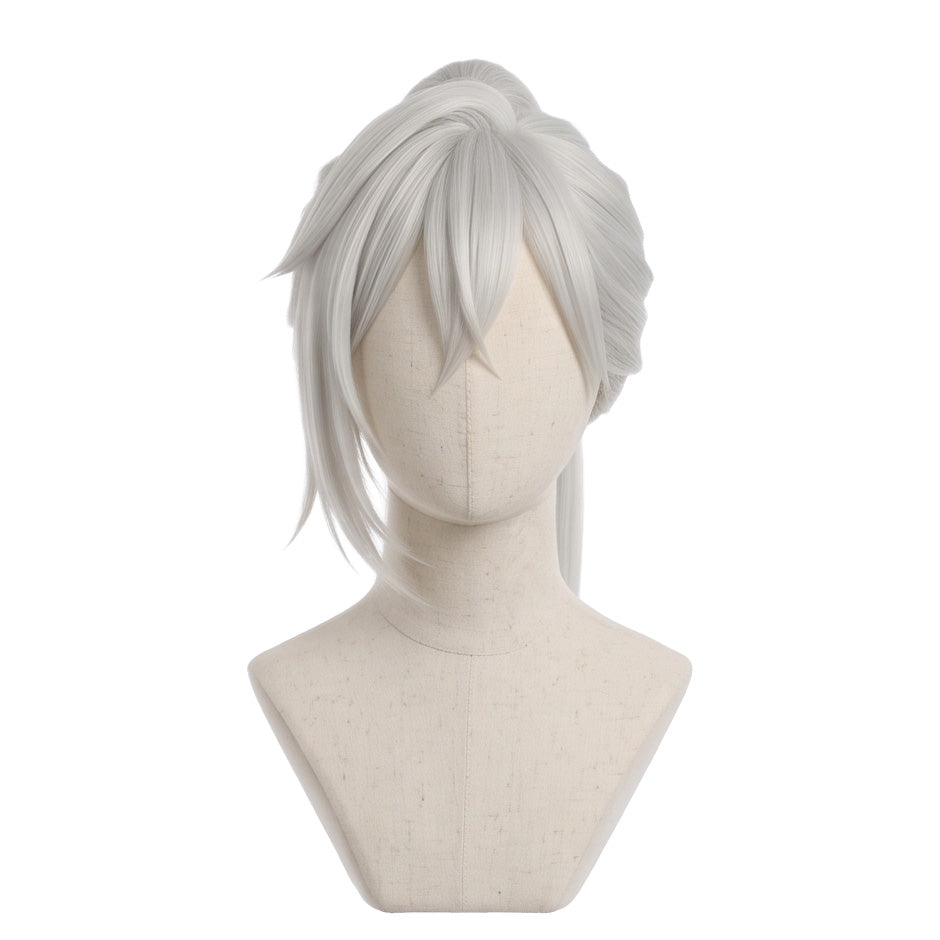 Front view of Subaru Hoshina cosplay wig with waist-length silver hair