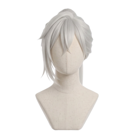 Front view of Subaru Hoshina cosplay wig with waist-length silver hair