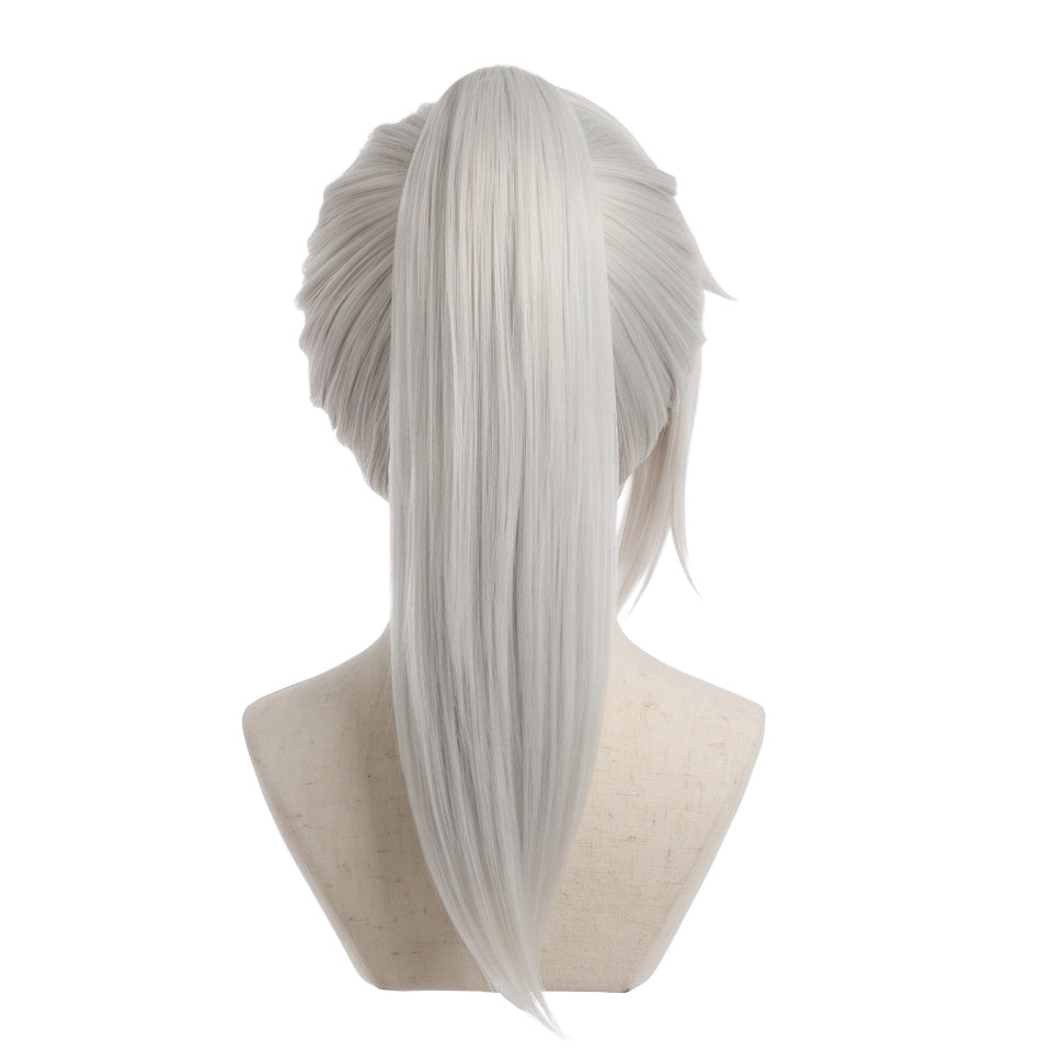 Back view of Subaru Hoshina waist-length silver cosplay wig
