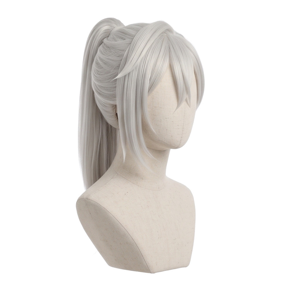 Three-quarter view of Subaru Hoshina long silver ponytail cosplay wig