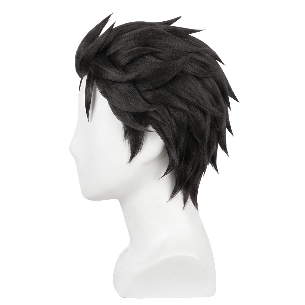 Side view of Re Subaru basic black wig with unstyled fibers