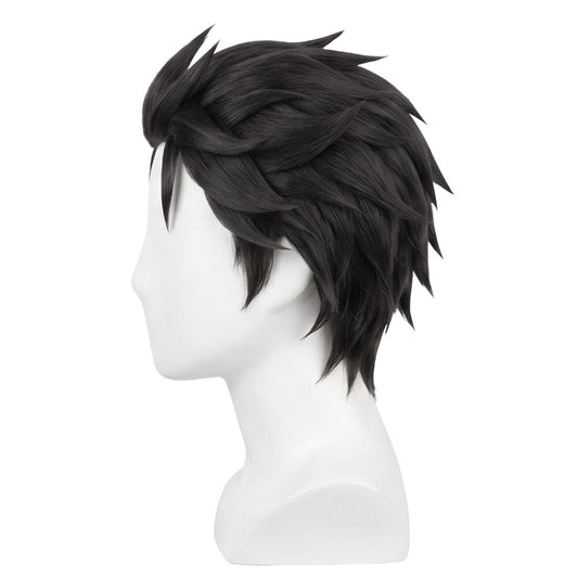 Side view of Re Subaru basic black wig with unstyled fibers