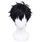 Front view of Sung Jinwoo cosplay wig with black hair and bangs falling to eyes