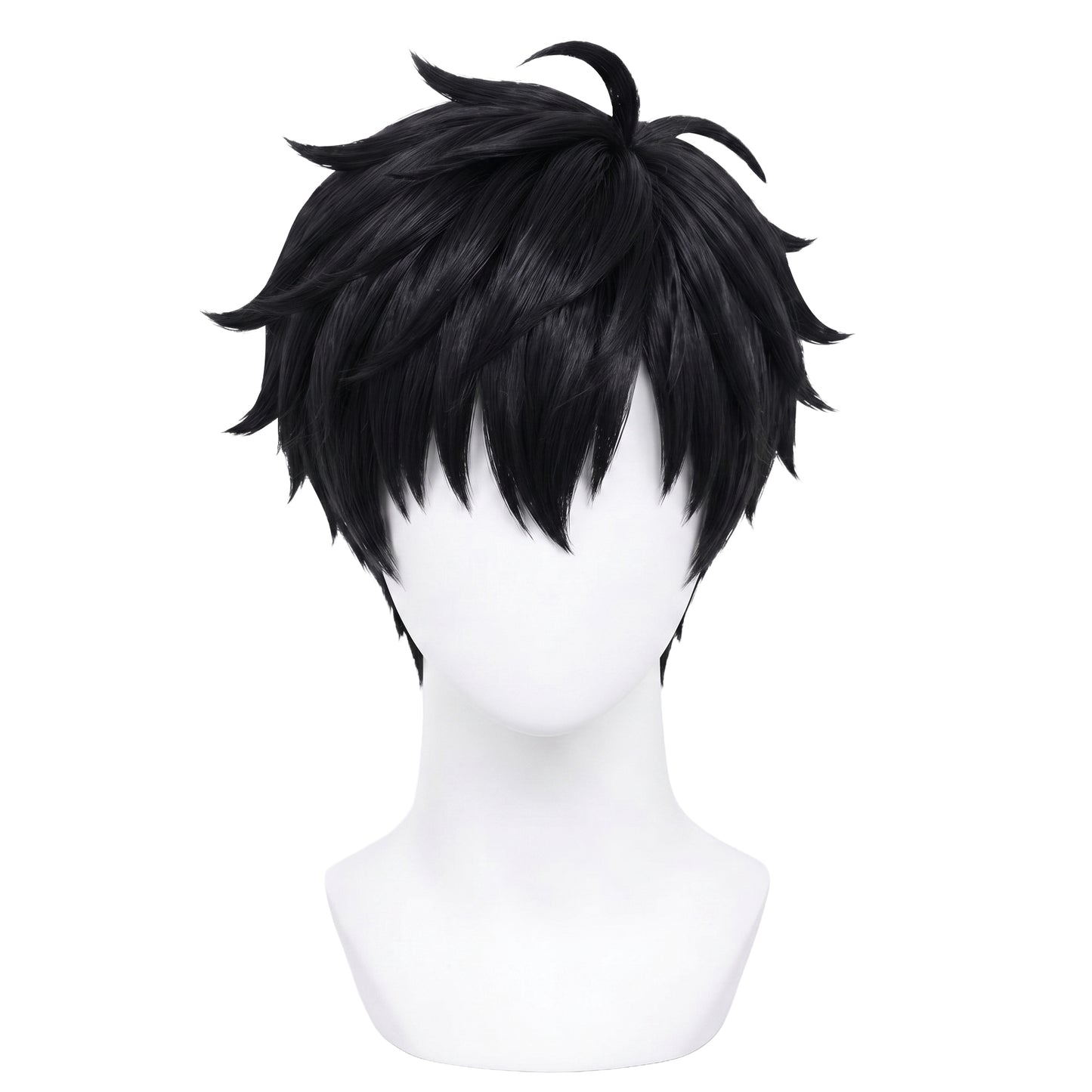 Front view of Sung Jinwoo cosplay wig with black hair and bangs falling to eyes