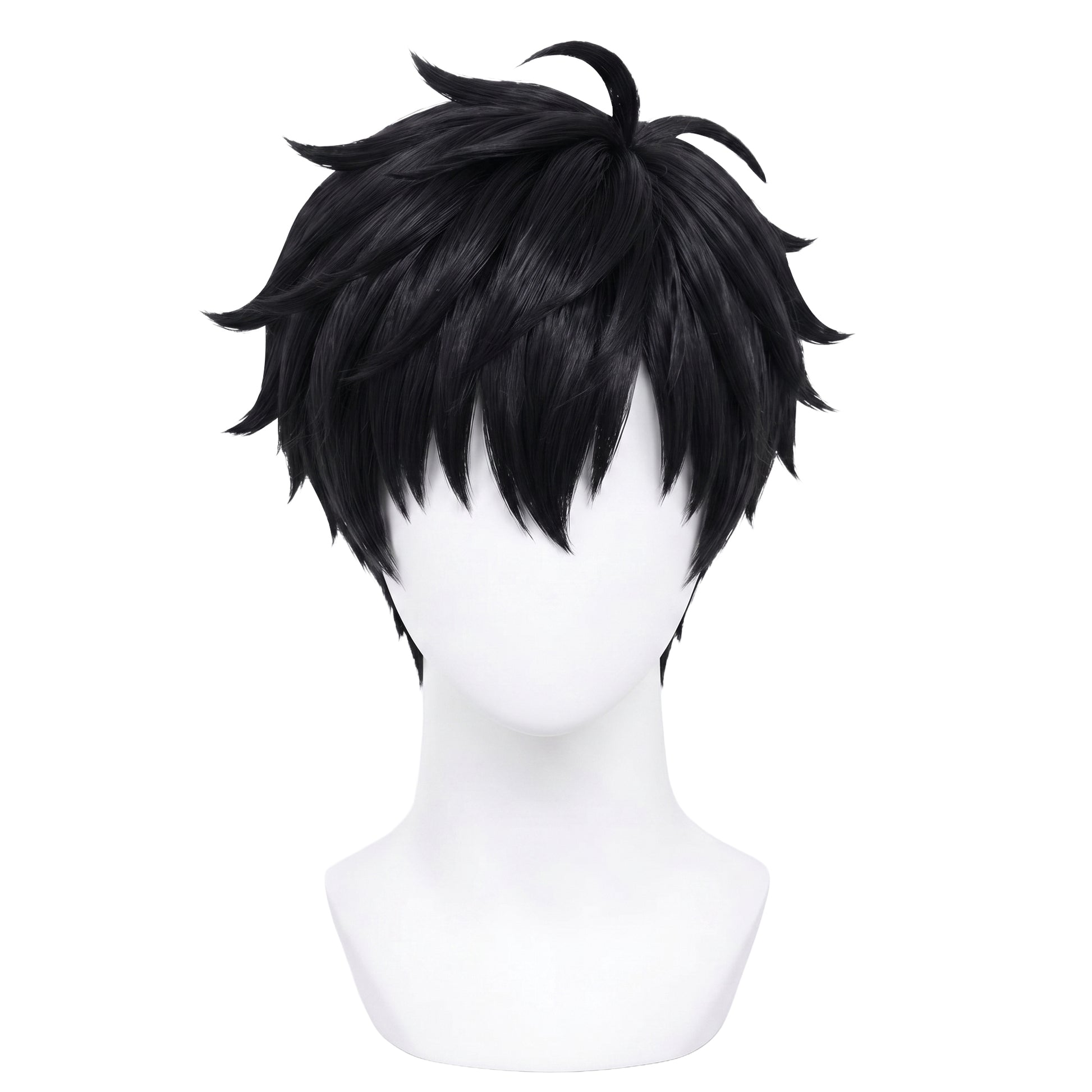 Front view of Sung Jinwoo cosplay wig with black hair and bangs falling to eyes