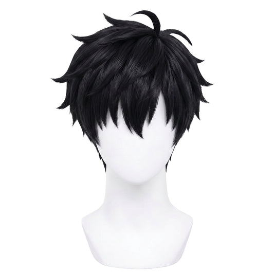 Front view of Sung Jinwoo cosplay wig with black hair and bangs falling to eyes