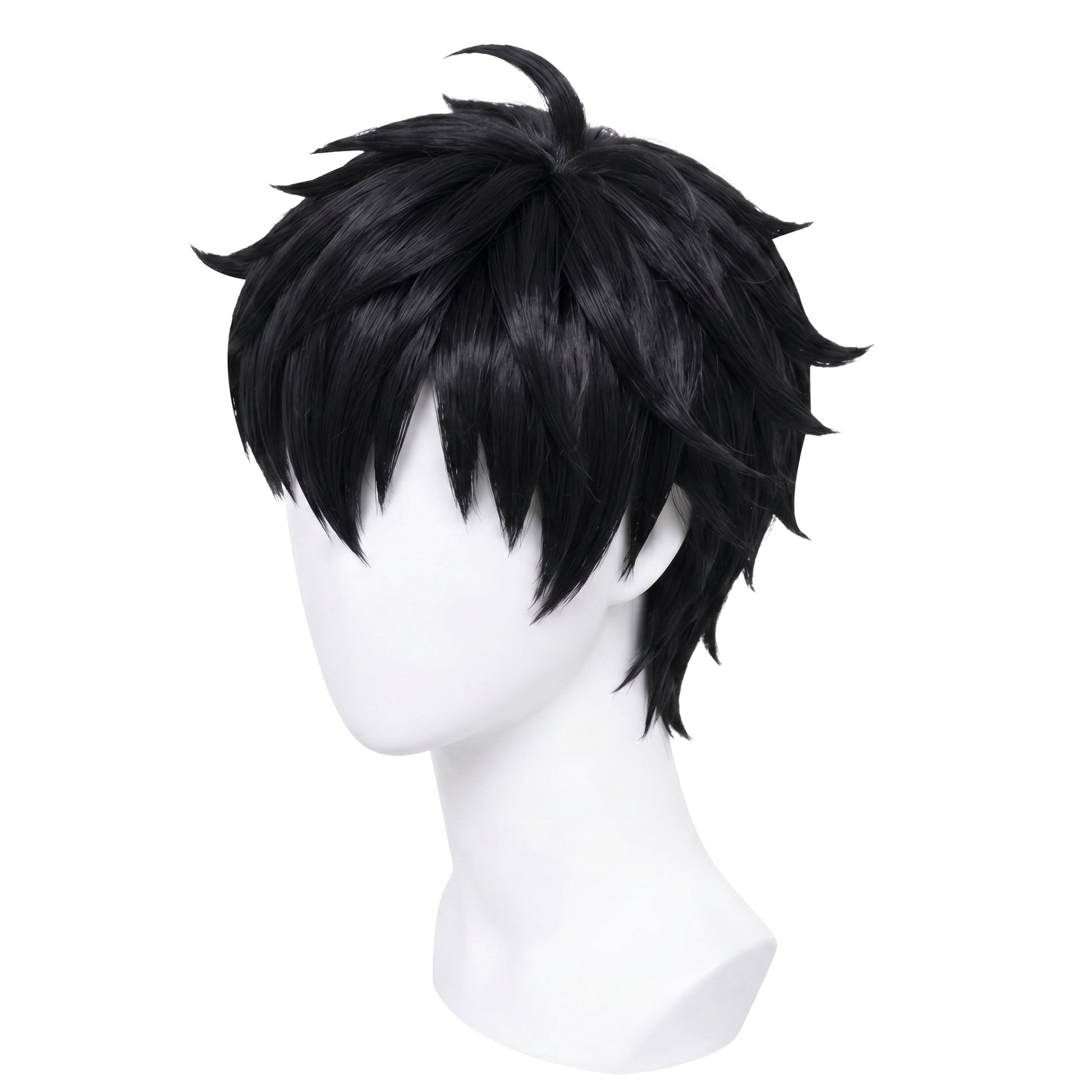 Mannequin wearing Sung Jinwoo cosplay wig for accurate Solo Leveling portrayal