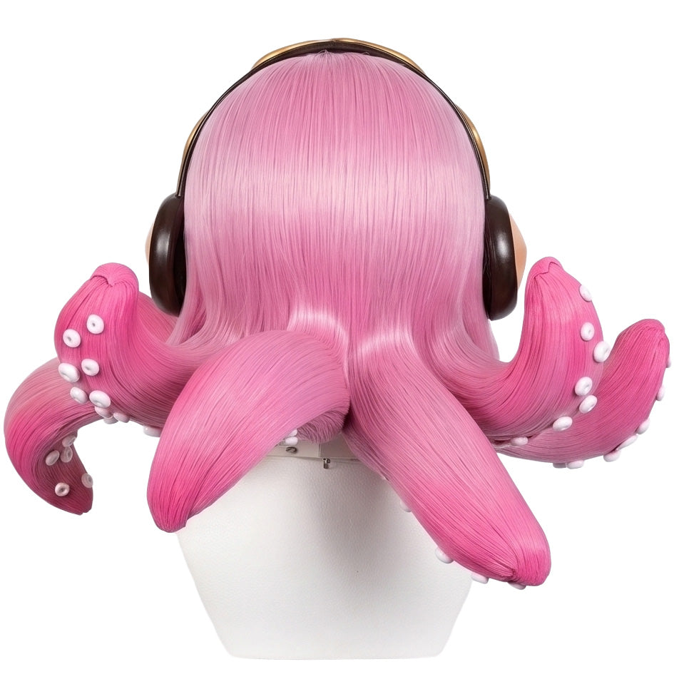 Back view of pink wig with flowing octopus-inspired styling