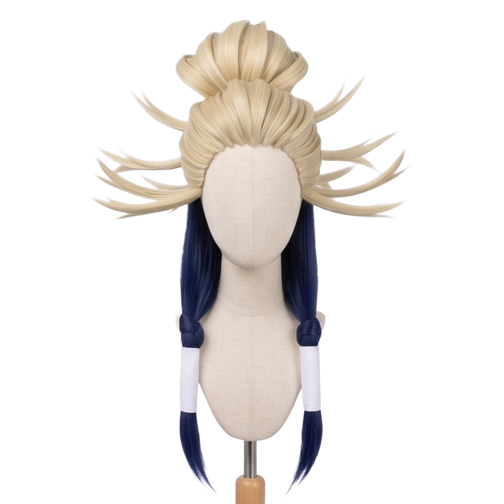 Front view of Tamsy Caines cosplay wig with blonde bun and navy blue tassels