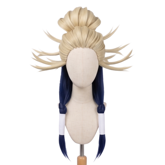 Front view of Tamsy Caines cosplay wig with blonde bun and navy blue tassels