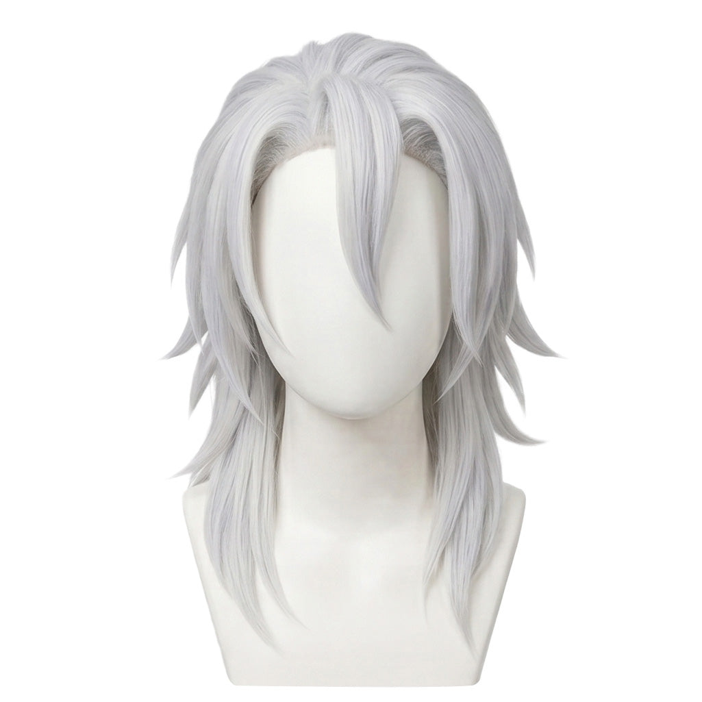 Front view of Tengen Uzui retired cosplay wig with uneven white layers