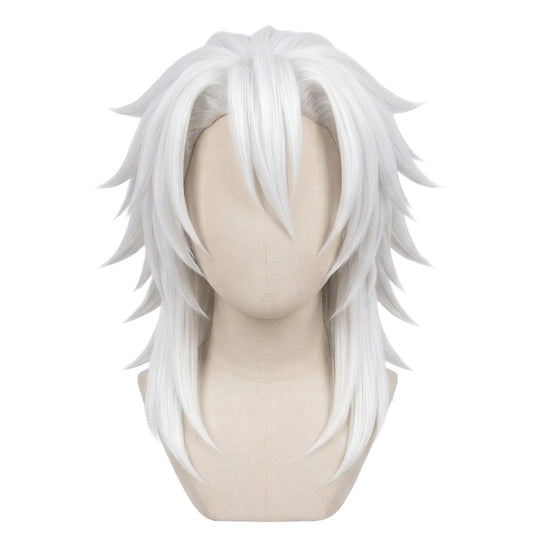 Front view of Tengen Uzui retired cosplay wig with uneven white layers