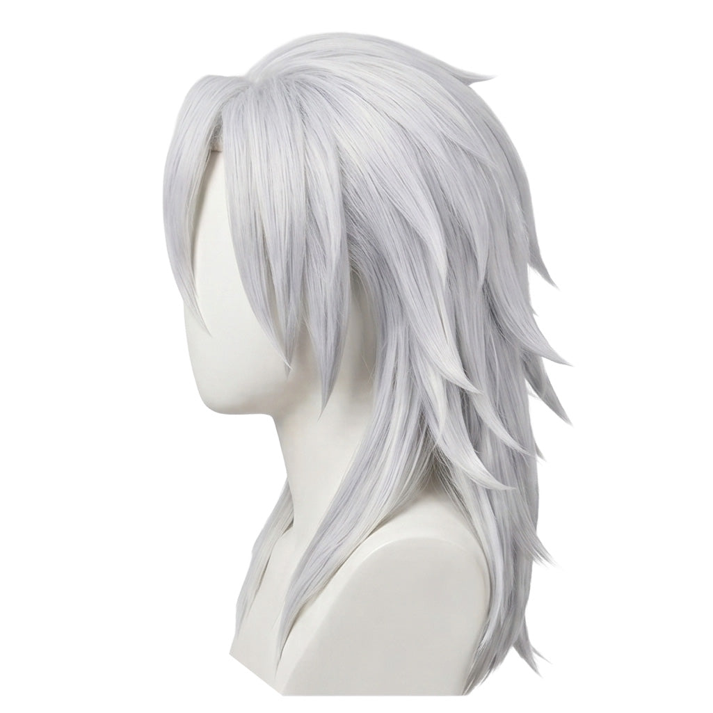 Side view of Tengen Uzui wig showing shoulder-length layered structure