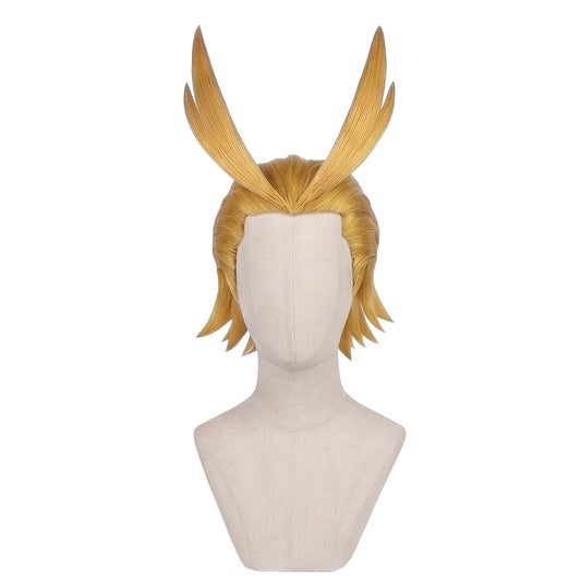 Front view of Toshinori Yagi hero form cosplay wig with swept-back blond hair