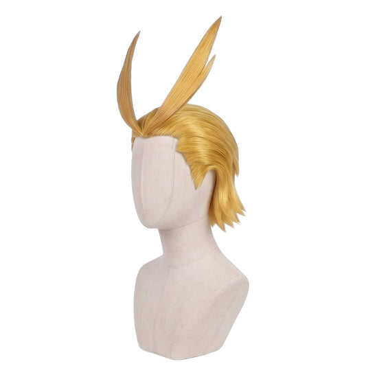 Side view of All Might wig showing raised front hair tufts