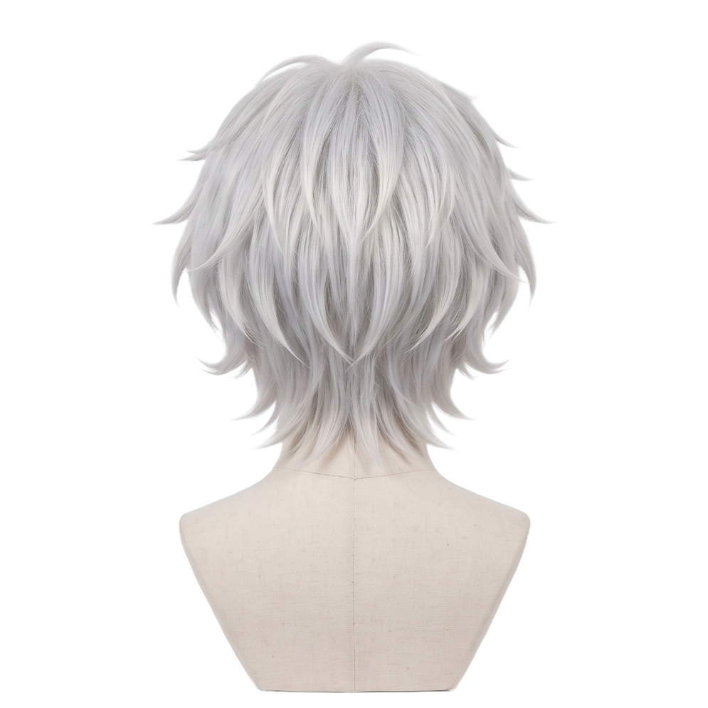 Back view of Toshiro Kamiya cosplay wig with unstyled neck-length fibers