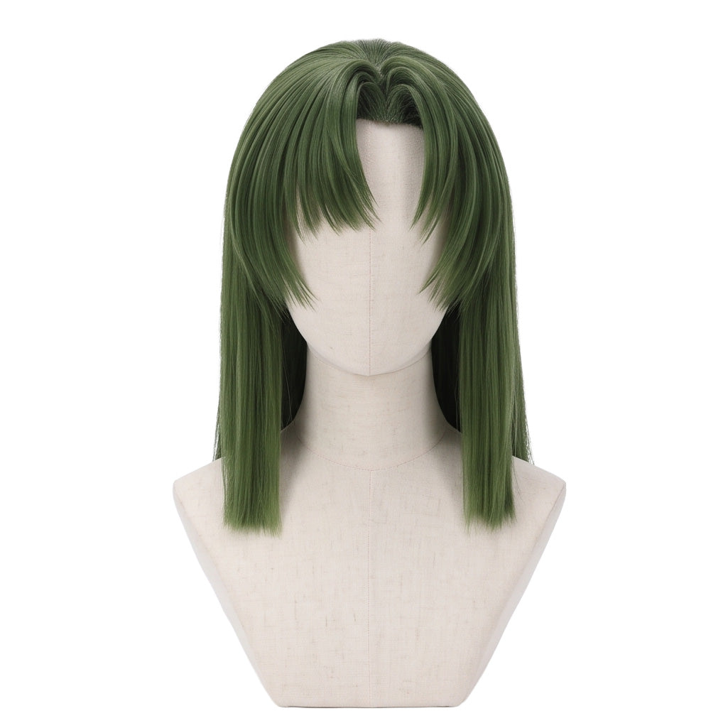 Akira Toya cosplay wig from Hikaru no Go featuring jungle green hair, a classic okappa haircut, smooth rounded shape, and neatly styled straight bangs