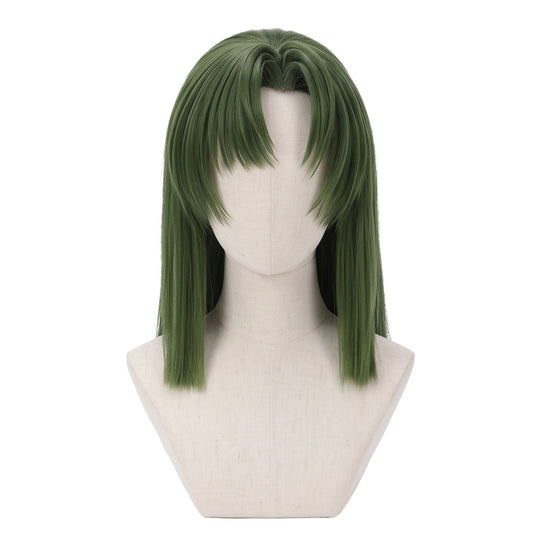 Akira Toya cosplay wig from Hikaru no Go featuring jungle green hair, a classic okappa haircut, smooth rounded shape, and neatly styled straight bangs