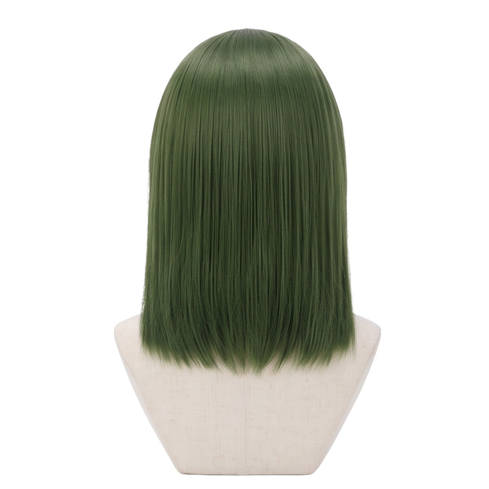 Back view of Akira Toya cosplay wig showing the smooth jungle green rounded haircut, even layered shape, and polished okappa hairstyle design
