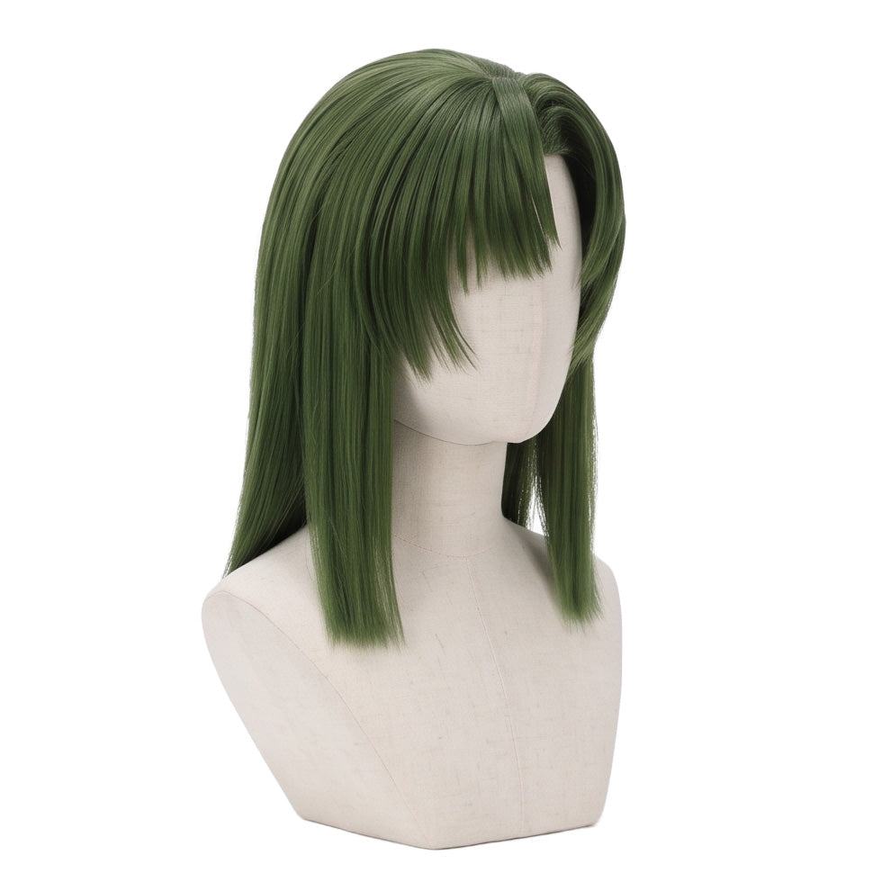 3/4 view of Akira Toya cosplay wig displaying jungle green hair, symmetrical okappa cut, rounded silhouette, and the refined anime character hairstyle