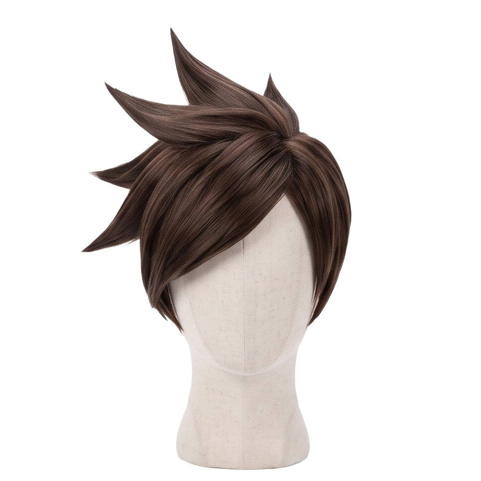 Tracer cosplay wig from Overwatch featuring a handcrafted short brown spiky anime hairstyle with swept bangs, sharp layered spikes, and Lena Oxton character styling