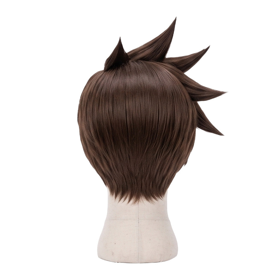 Back view of Tracer wig from Overwatch featuring structured brown spiky layers, smooth synthetic fibers, and the signature Lena Oxton hairstyle silhouette