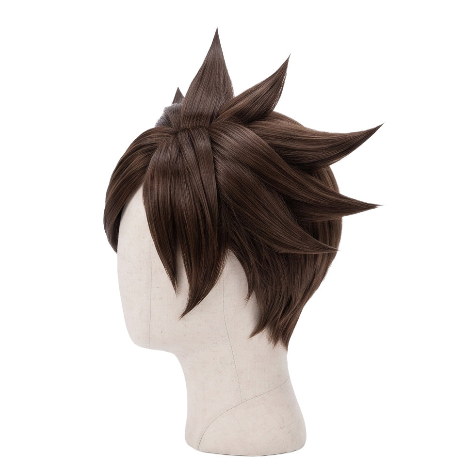 Side view of Tracer Overwatch wig showing textured brown spikes, layered anime hair sections, face-framing bangs, and professionally styled cosplay wig details