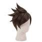 3/4 view of Tracer cosplay wig displaying dynamic brown spiky hair, high-volume layered styling, and handcrafted Overwatch character hairstyle design