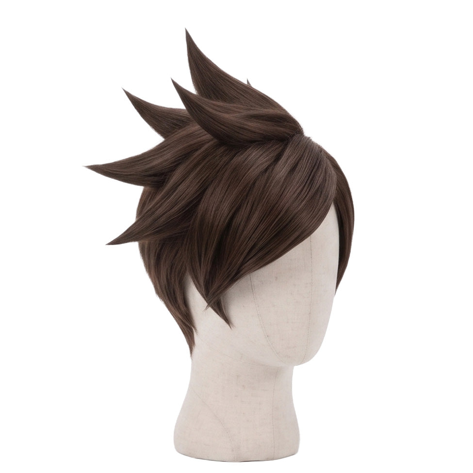 3/4 view of Tracer cosplay wig displaying dynamic brown spiky hair, high-volume layered styling, and handcrafted Overwatch character hairstyle design