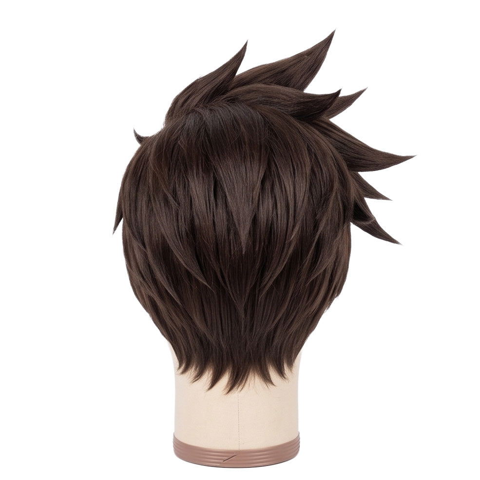 Back view of short spiky Tracer cosplay wig with unstyled fibers
