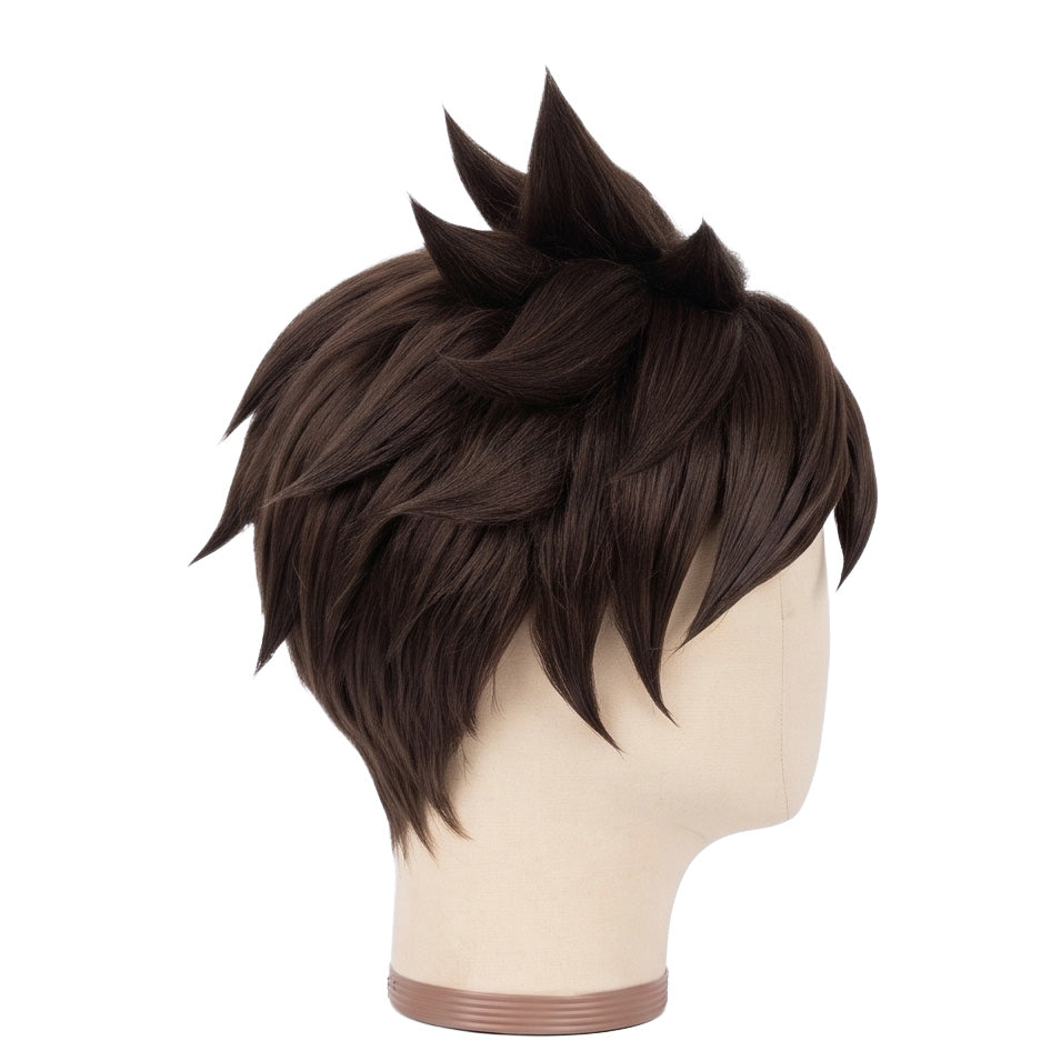 Side view of Overwatch Tracer orange brown basic cosplay wig